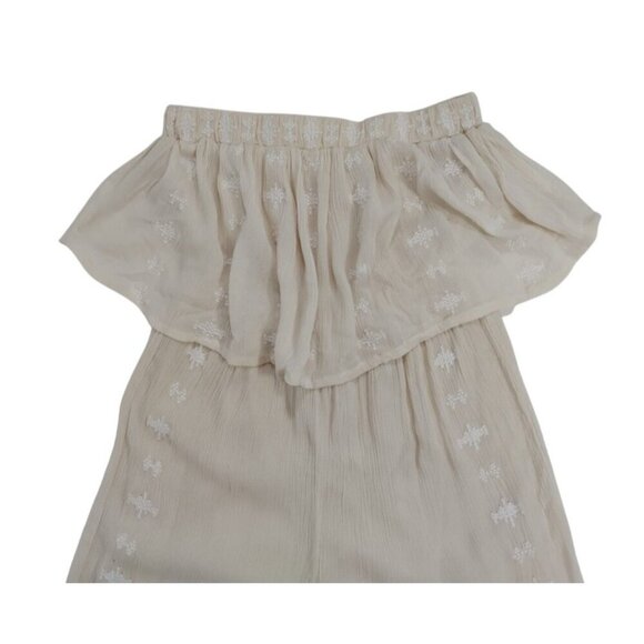 Women's beige offthe-shoulder ruffle jumpsuit with embroidered detail, wide leg - Picture 3 of 7